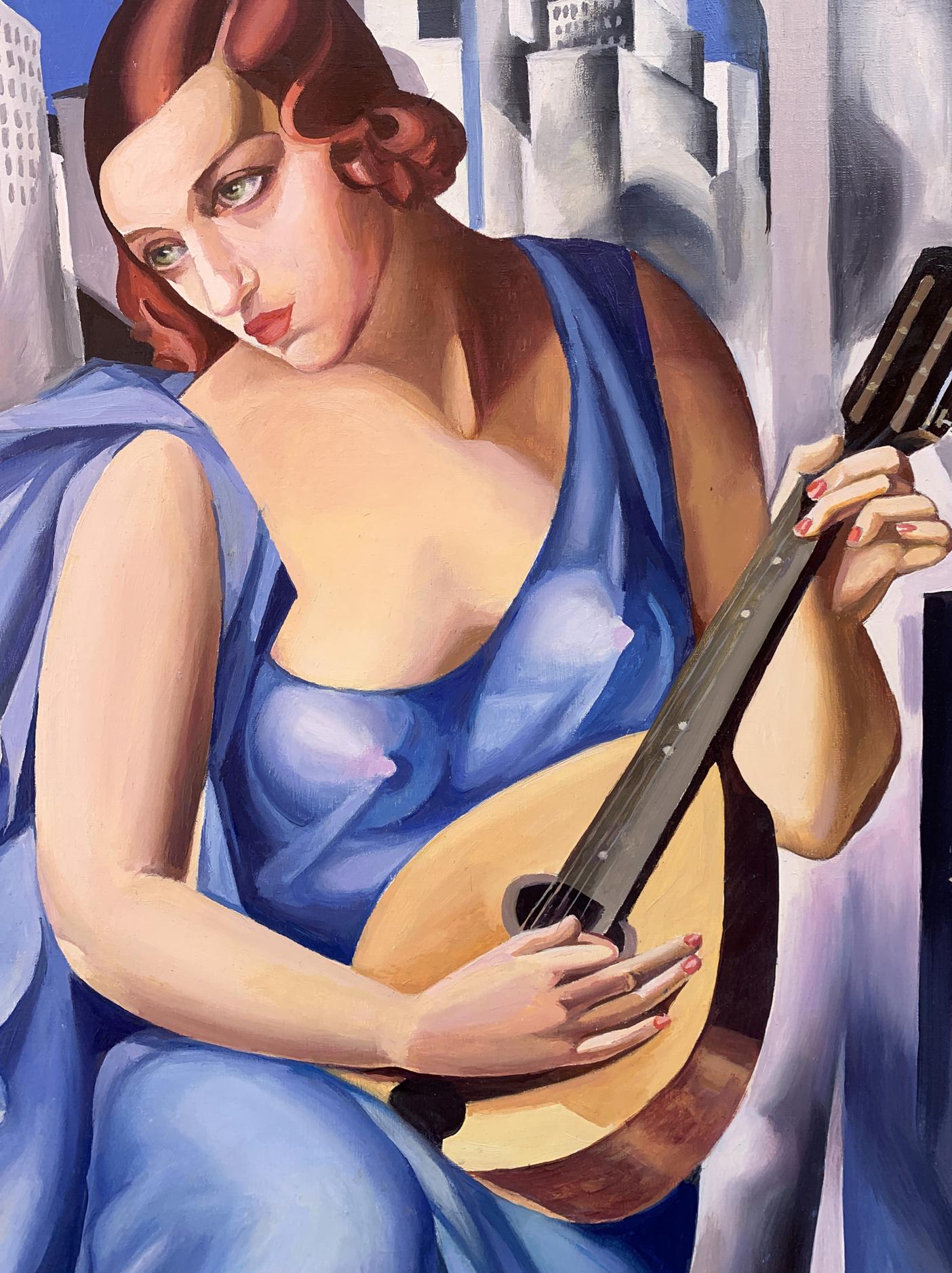 Abstract oil painting of Tamara Lempicka style musician woman with mandolin