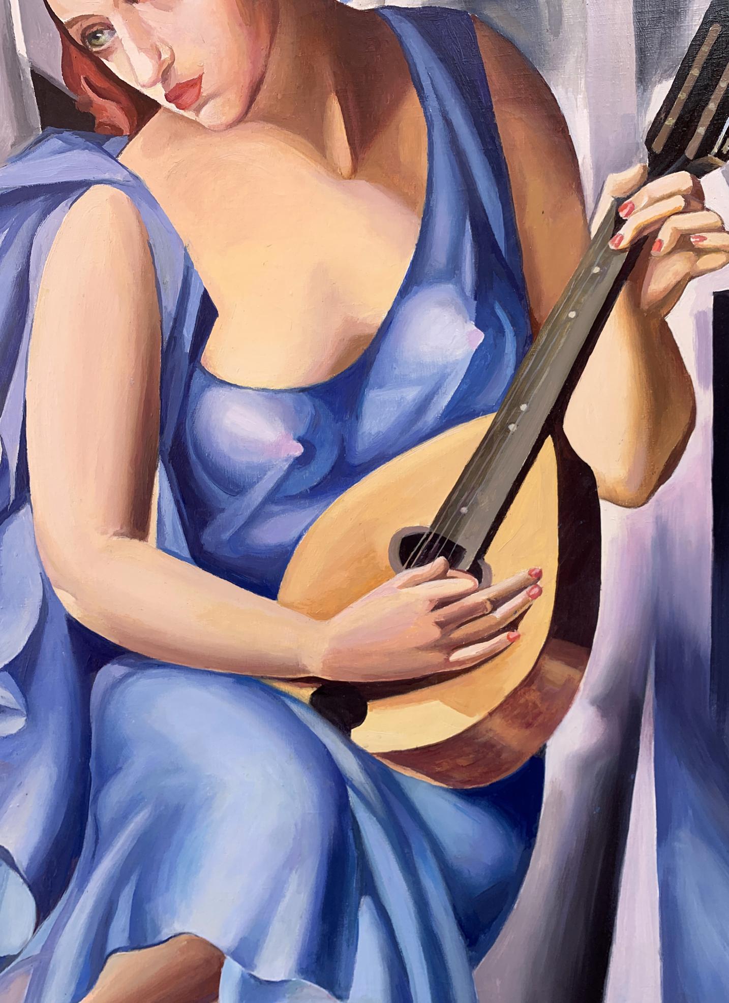 Abstract oil painting of Tamara Lempicka style musician in blue dress with mandolin