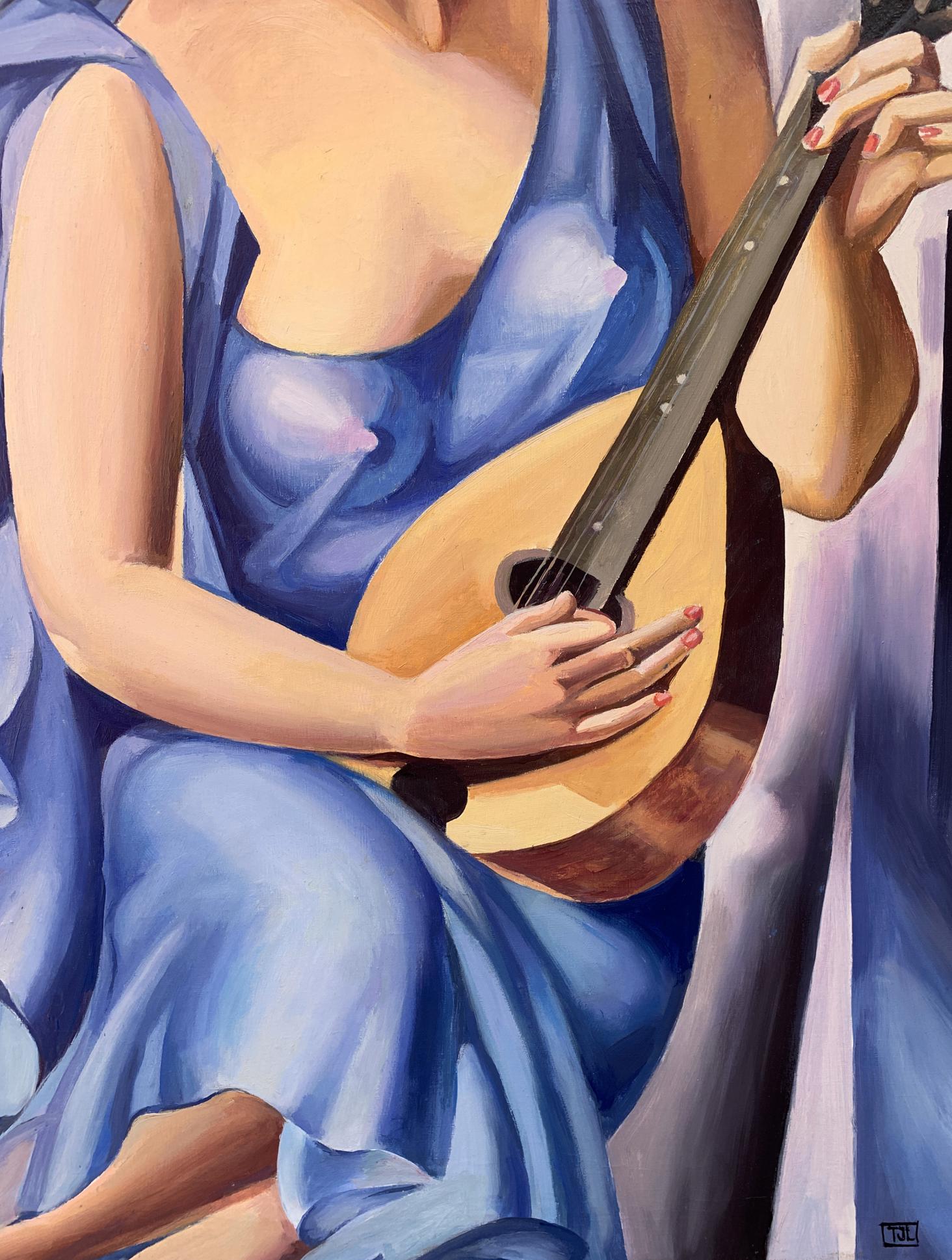 Abstract oil painting of Tamara Lempicka style musician woman with mandolin