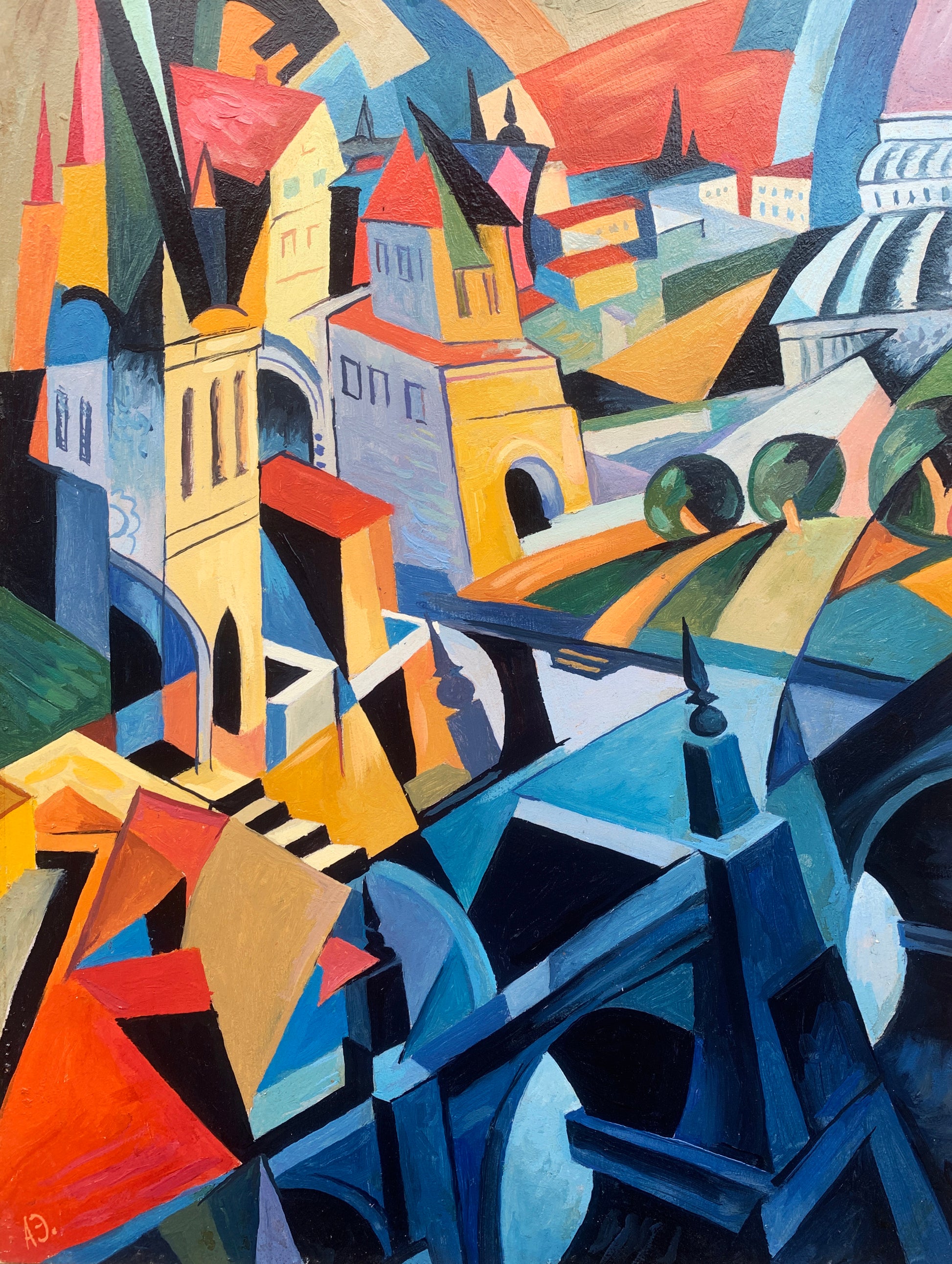 Vibrant abstract oil painting of city life by Victor Konotopsky, inspired by Alexandra Exter