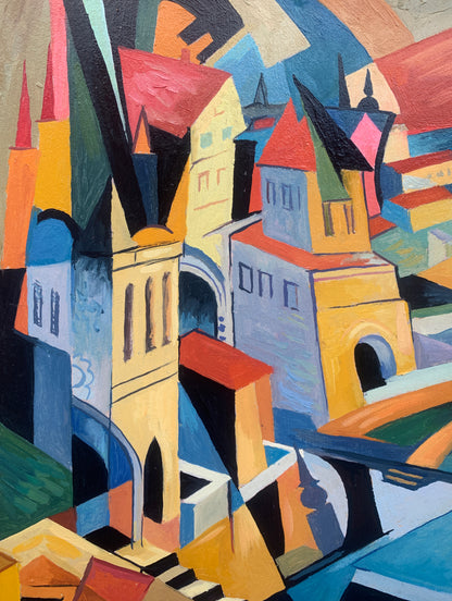 Vibrant abstract cityscape oil painting by Victor Konotopsky inspired by Alexandra Exter