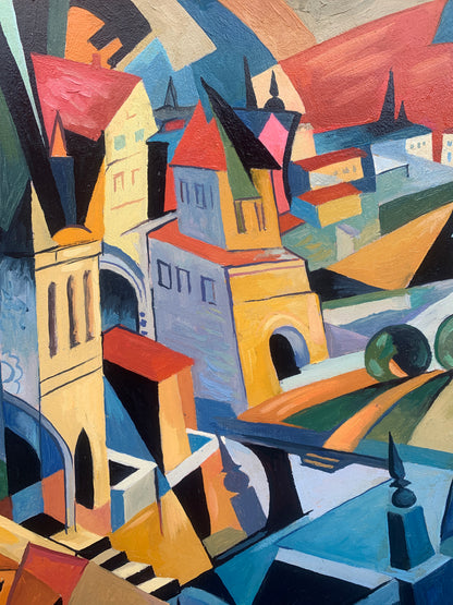 Vibrant geometric cityscape oil painting by Victor Konotopsky, inspired by Alexandra Exter