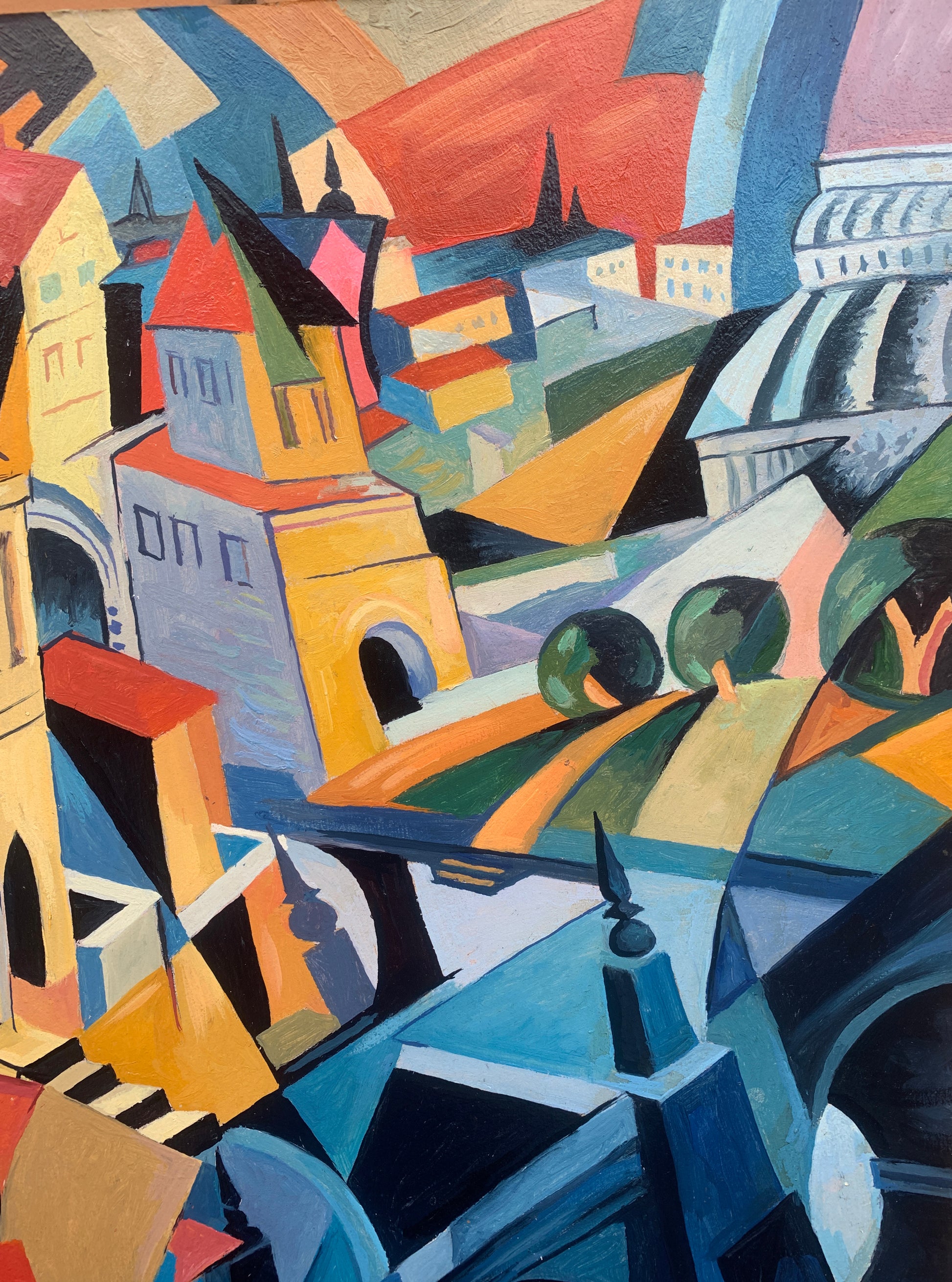 Vibrant abstract cityscape oil painting by Victor Konotopsky inspired by Alexandra Exter