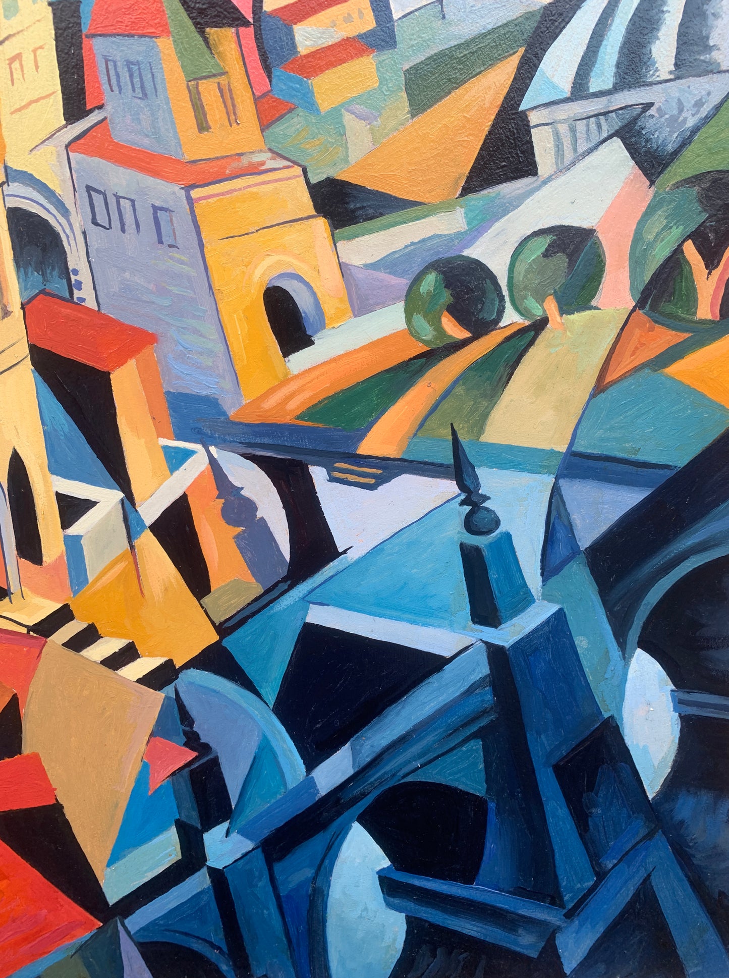 Vibrant abstract cityscape oil painting by Victor Konotopsky inspired by Alexandra Exter