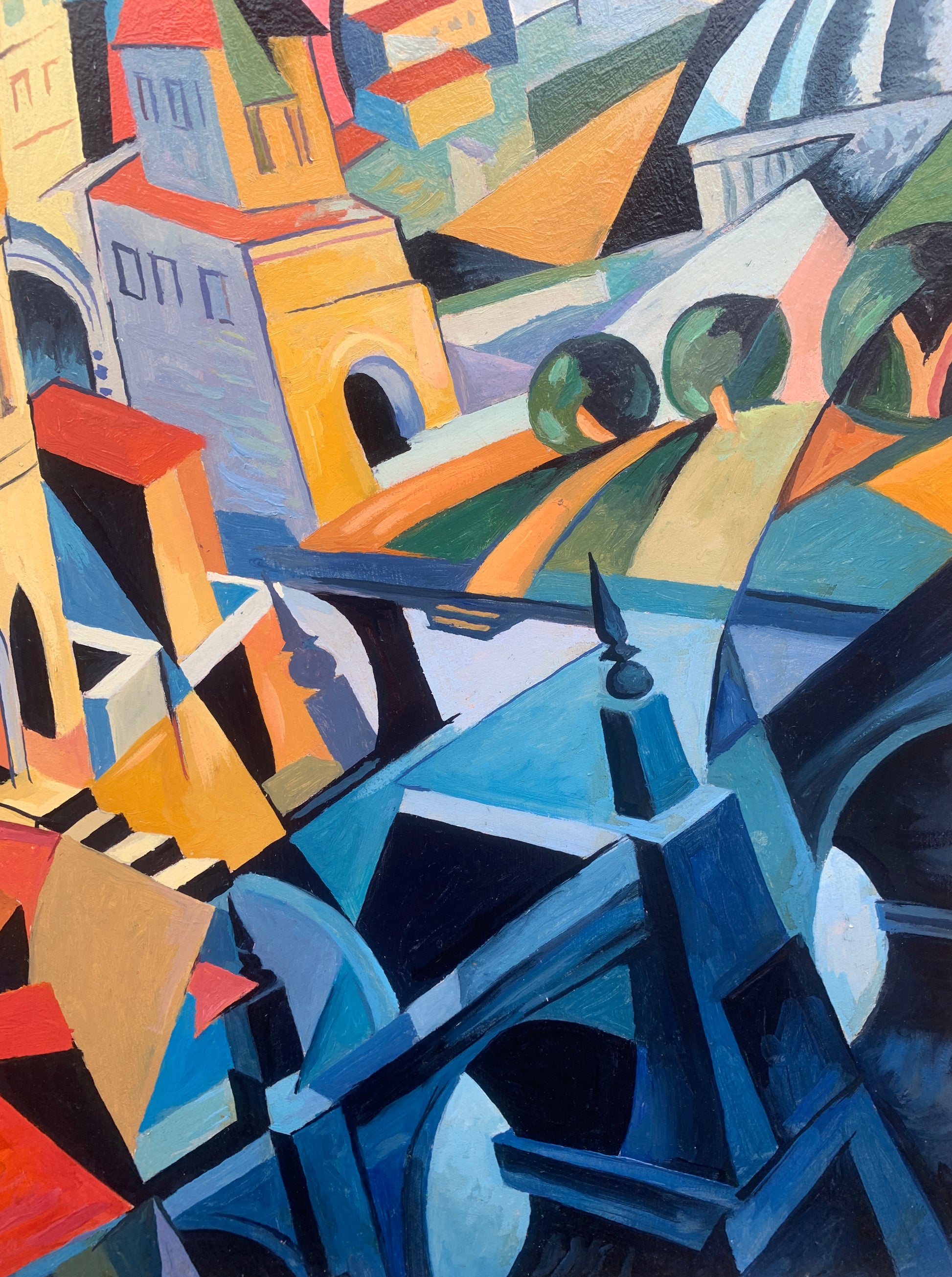 Vibrant abstract cityscape oil painting by Victor Konotopsky inspired by Alexandra Exter