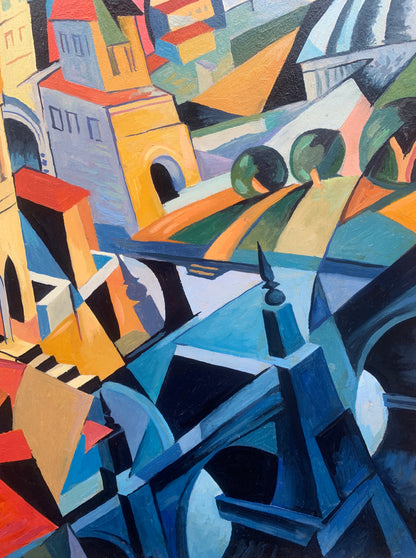 Vibrant abstract cityscape oil painting by Victor Konotopsky inspired by Alexandra Exter
