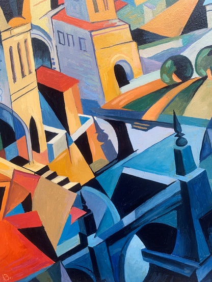 Vibrant abstract cityscape oil painting by Victor Konotopsky inspired by Alexandra Exter