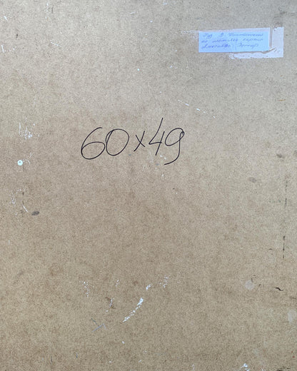 Back of Abstract oil painting Geometry of Life by Victor Konotopsky with brown cardboard, handwritten dimensions, blue label