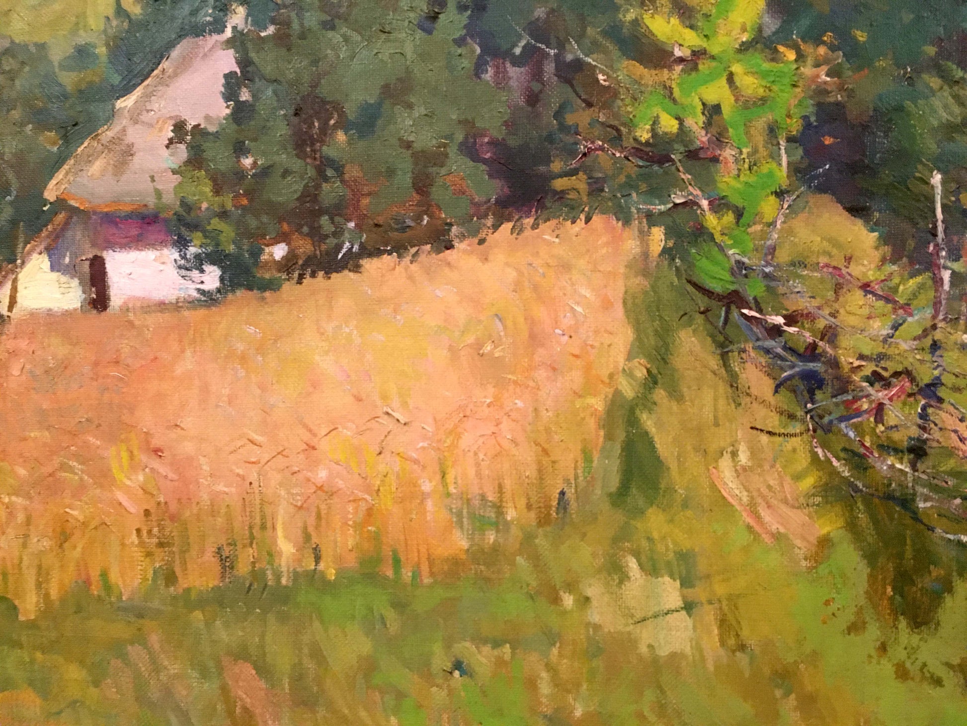 Oil painting by Glushchenko Nikolai Petrovich: rustic white thatched cottage in golden wheat field