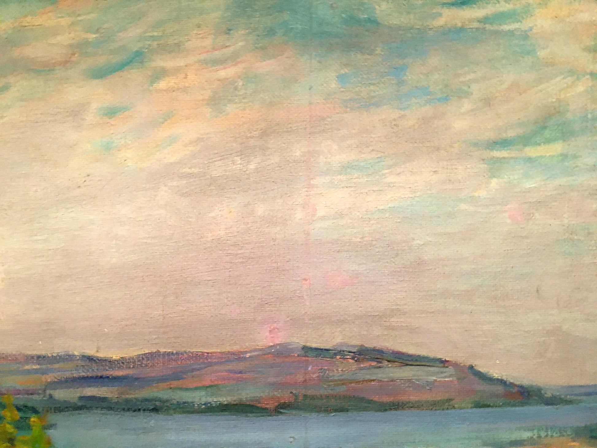 Oil painting by Glushchenko Nikolai Petrovich: pastel sky over village hillside