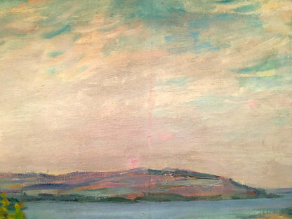 Oil painting by Glushchenko Nikolai Petrovich: pastel sky over village hillside