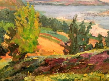 Vibrant impressionist oil painting by Glushchenko Nikolai Petrovich: lush trees, hills, lake