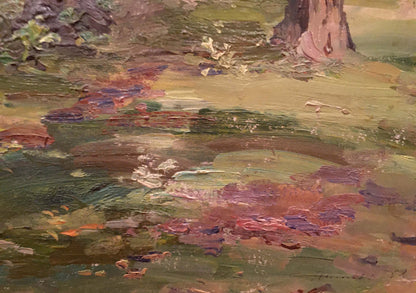 Oil painting of dense forest tree trunk and foliage by Shishko Sergey Fedorovich