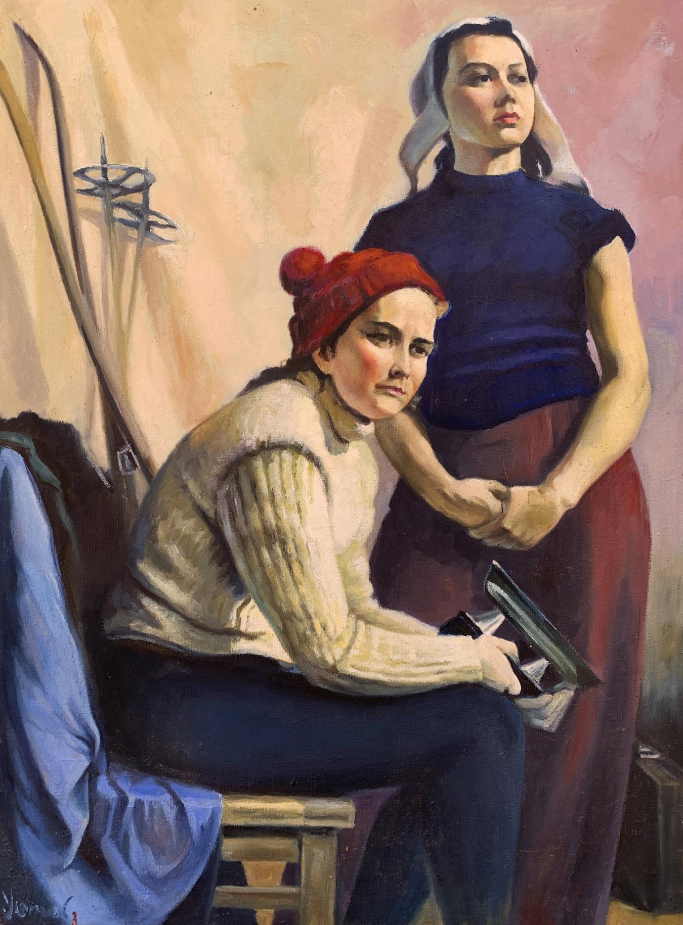 Oil painting by Boris Serdyuk: woman in red hat and cream sweater with book