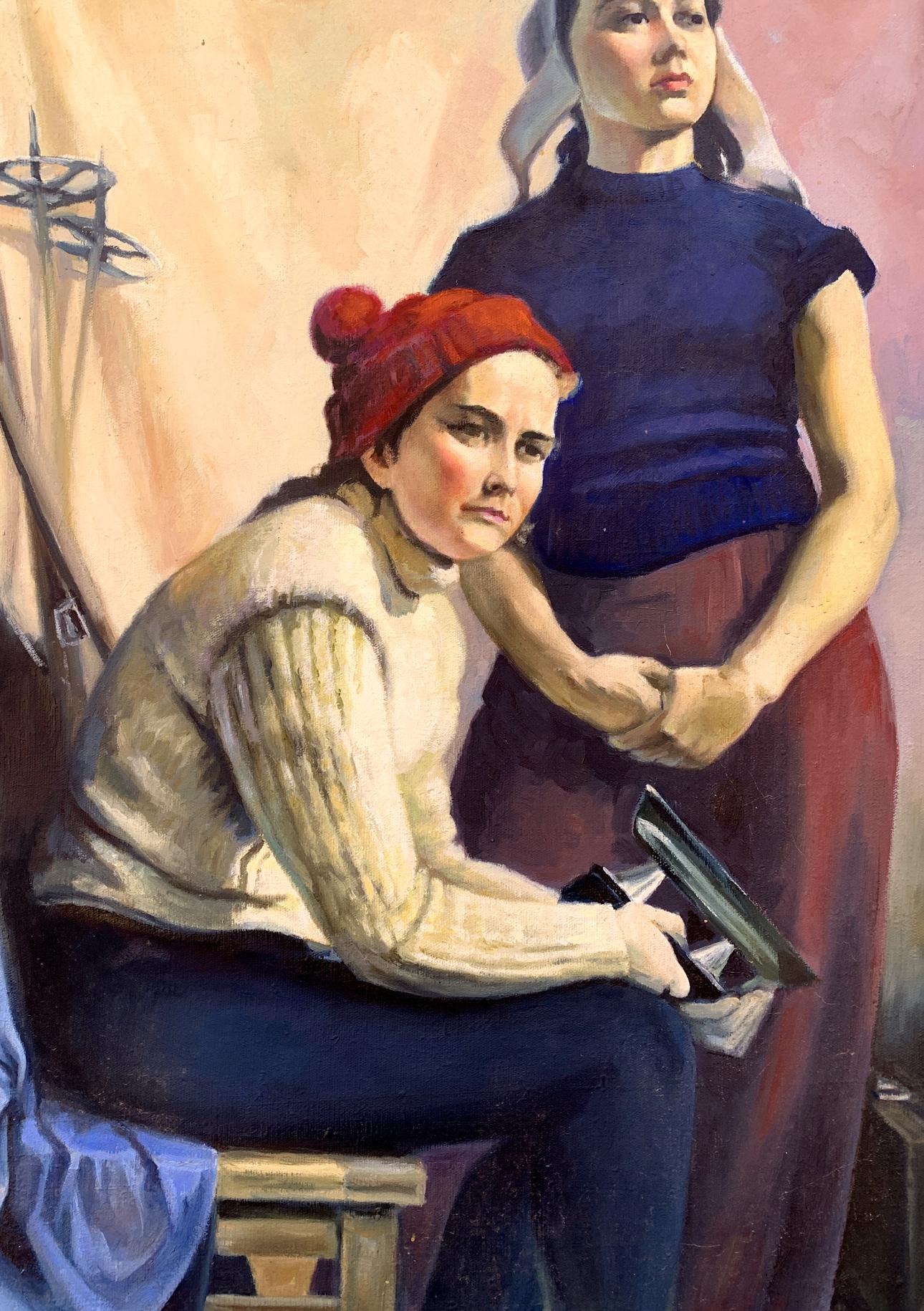 Oil painting of women with skis and skates by Boris Serdyuk