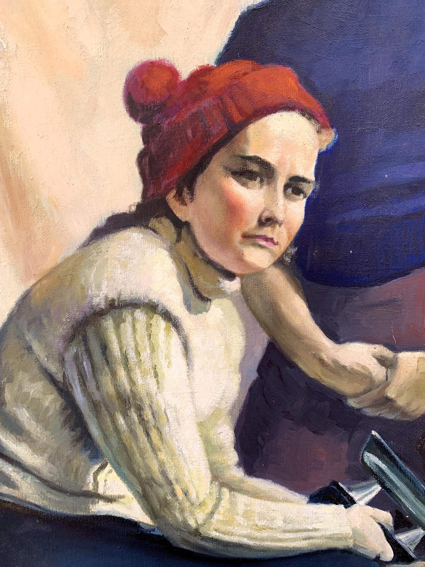 Woman in red pom-pom beanie and cream sweater by Boris Serdyuk skis painting