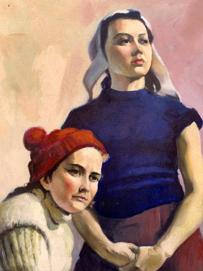 Oil painting of two women with skis and skates by Boris Serdyuk