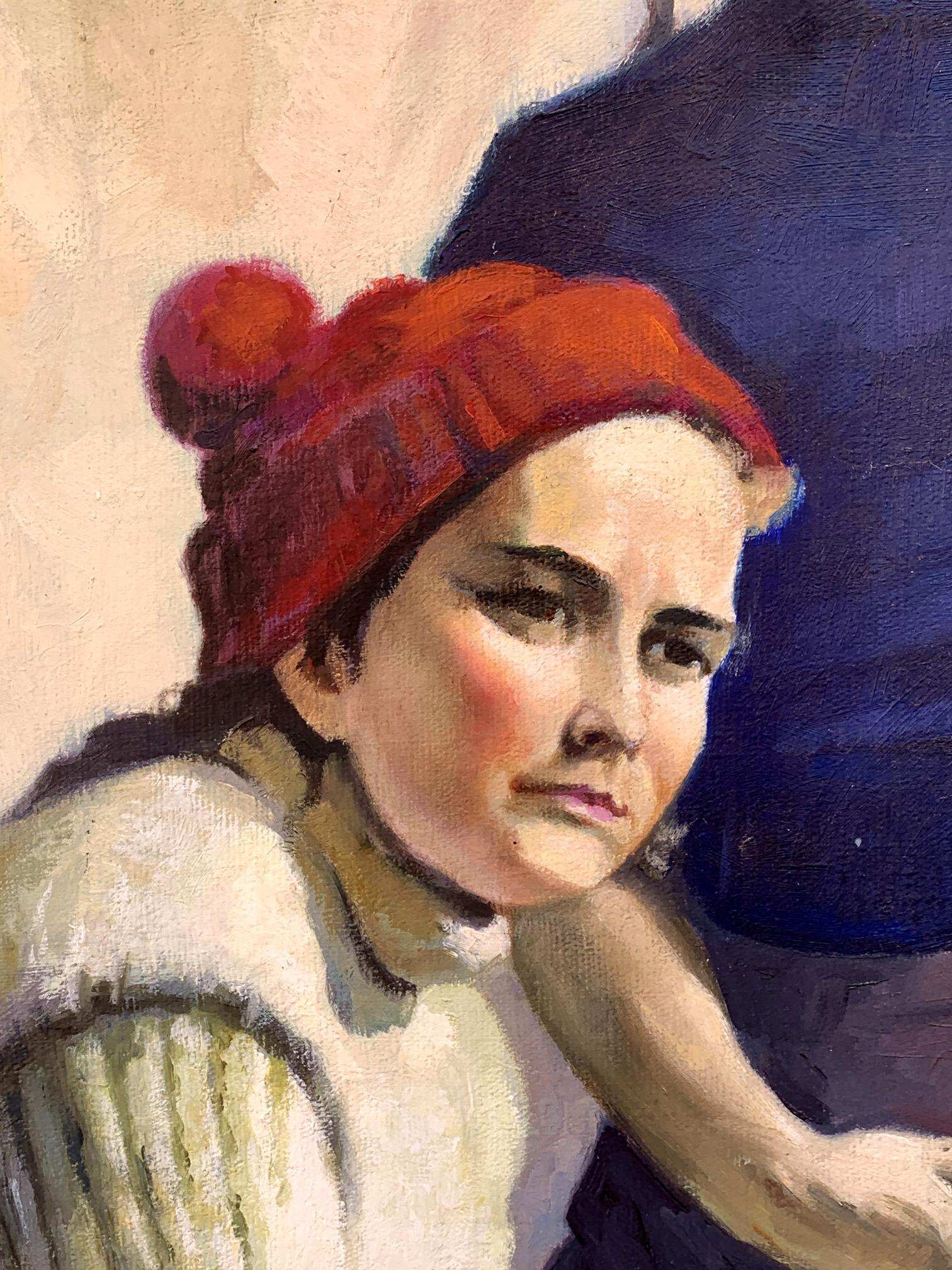 Vibrant red knitted beanie with fluffy pom-pom, Boris Serdyuk oil painting style