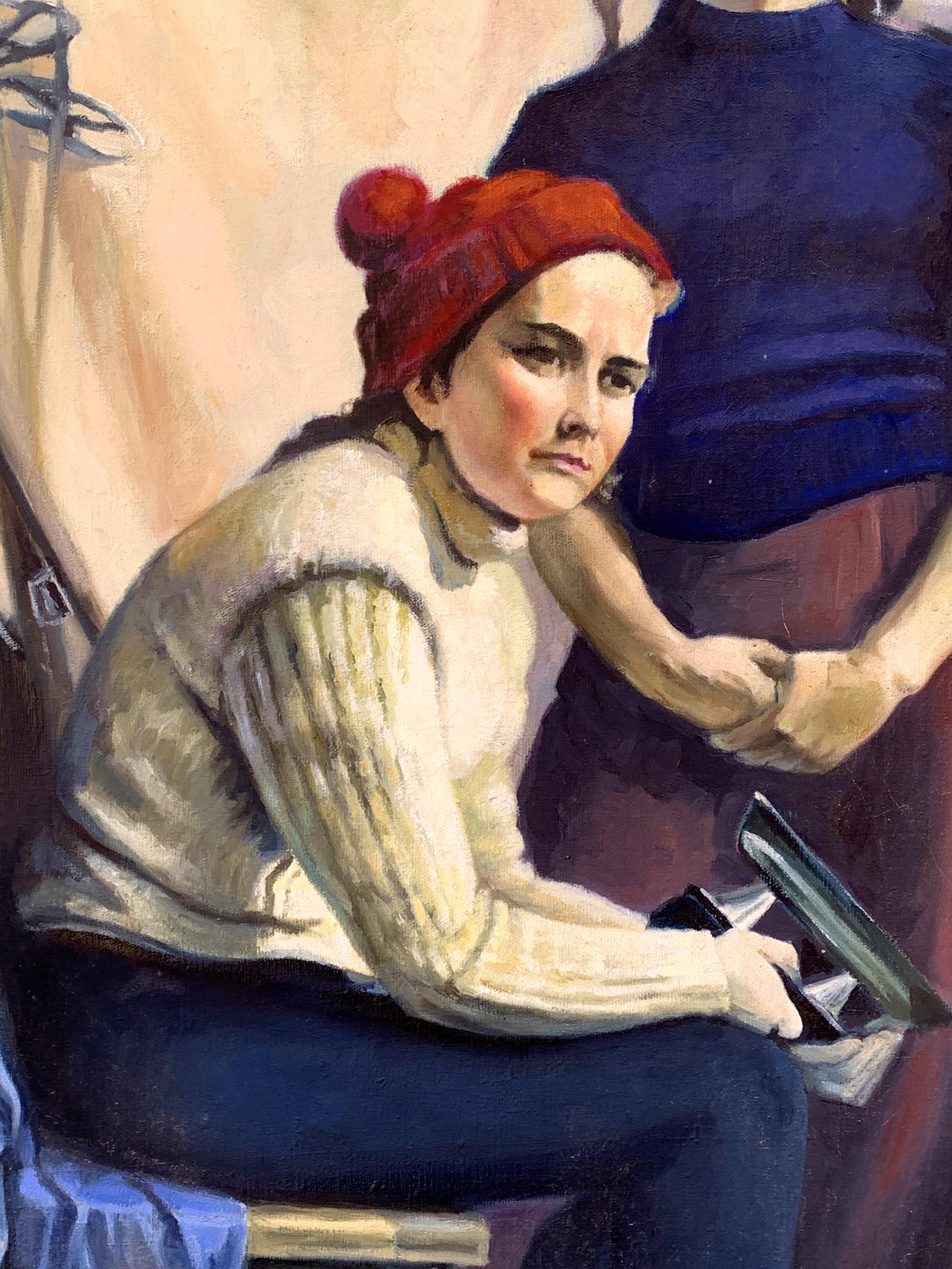 Woman in red beanie and cream sweater in Boris Serdyuk skis oil painting
