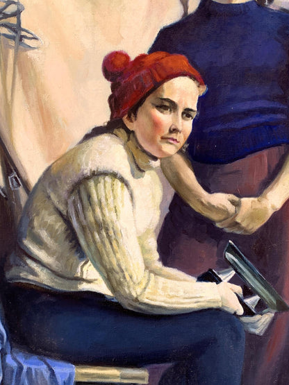 Woman in red beanie and cream sweater in Boris Serdyuk skis oil painting
