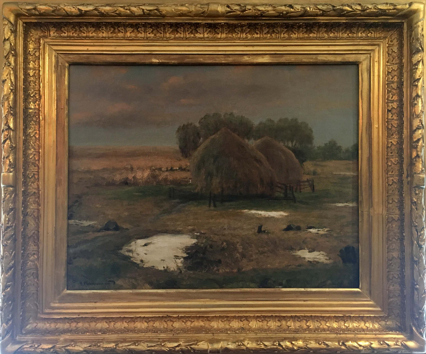 Oil painting Haystacks by Sergei Ivanovich Svetoslavsky, ornate gold frame