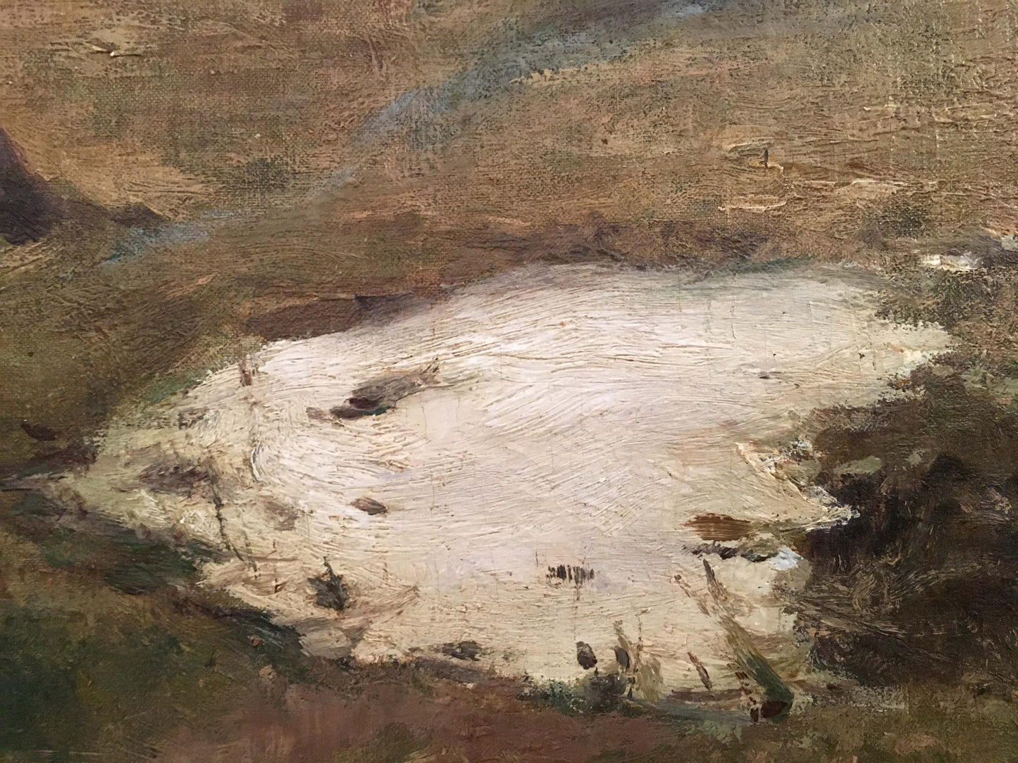 Oil painting of textured off-white snow in rugged landscape by Sergei Ivanovich Svetoslavsky