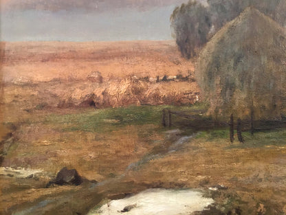Oil painting Haystacks by Sergei Ivanovich Svetoslavsky, rustic field scene