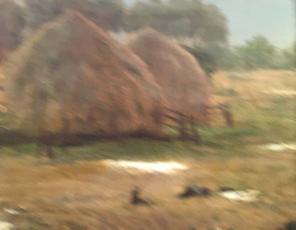 Oil painting of two golden-brown haystacks by Sergei Ivanovich Svetoslavsky