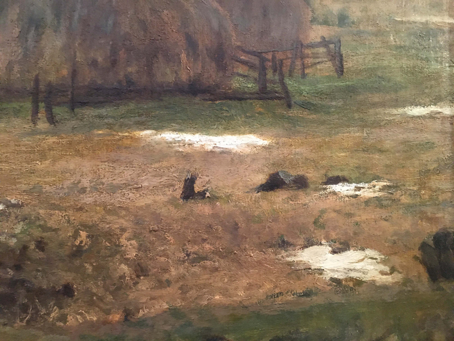 Oil painting of rustic wooden fence in field by Sergei Ivanovich Svetoslavsky