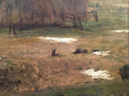 Oil painting of rustic wooden fence in field by Sergei Ivanovich Svetoslavsky