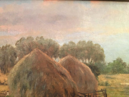 Oil painting of haystacks by Sergei Ivanovich Svetoslavsky in pastoral field