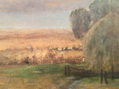 Oil painting Haystacks by Sergei Ivanovich Svetoslavsky: golden field, hay bales, trees