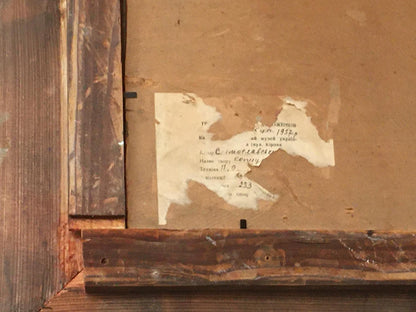 Back of weathered wooden frame for Oil painting Haystacks Sergei Ivanovich Svetoslavsky with torn label
