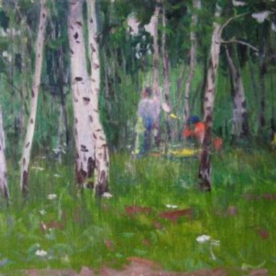 Kryvenko Mykhailo Soviet era oil painting of birch forest scene