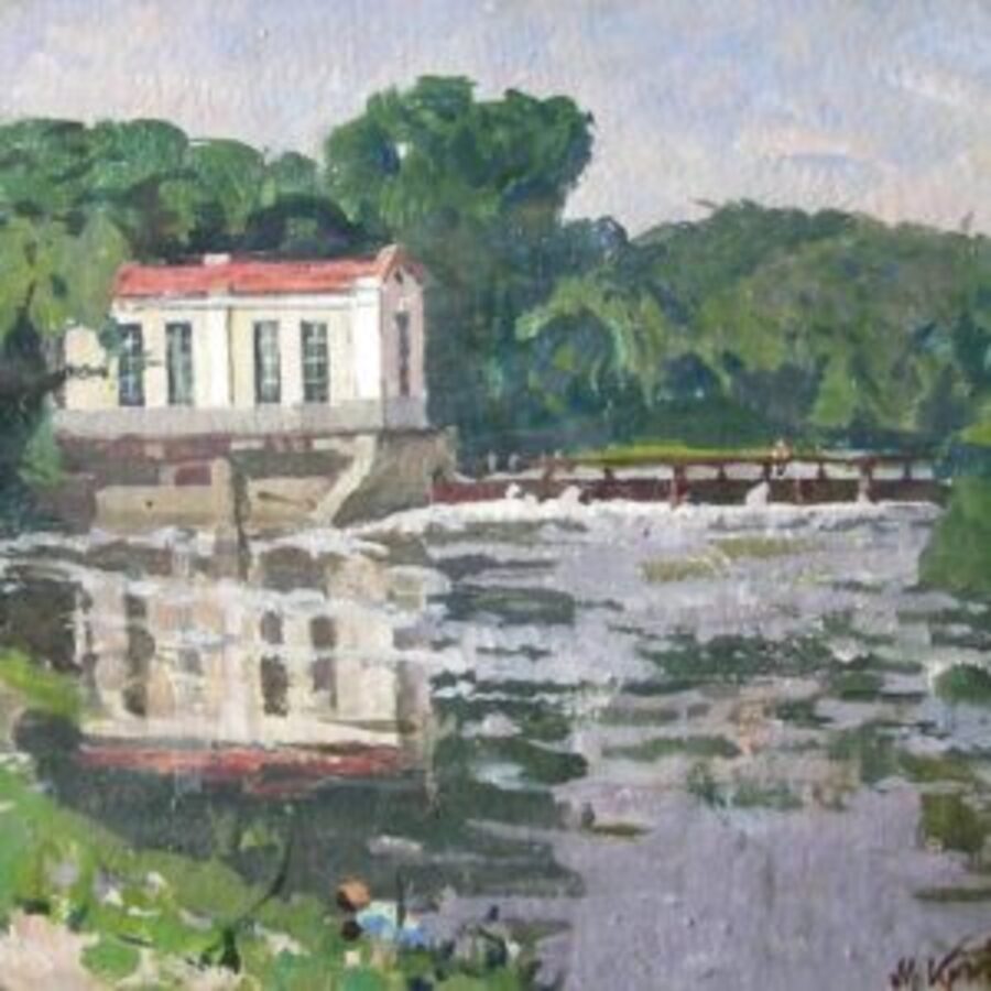 Rare art by Mykhailo Kryvenko: white building with red roof by river and trees