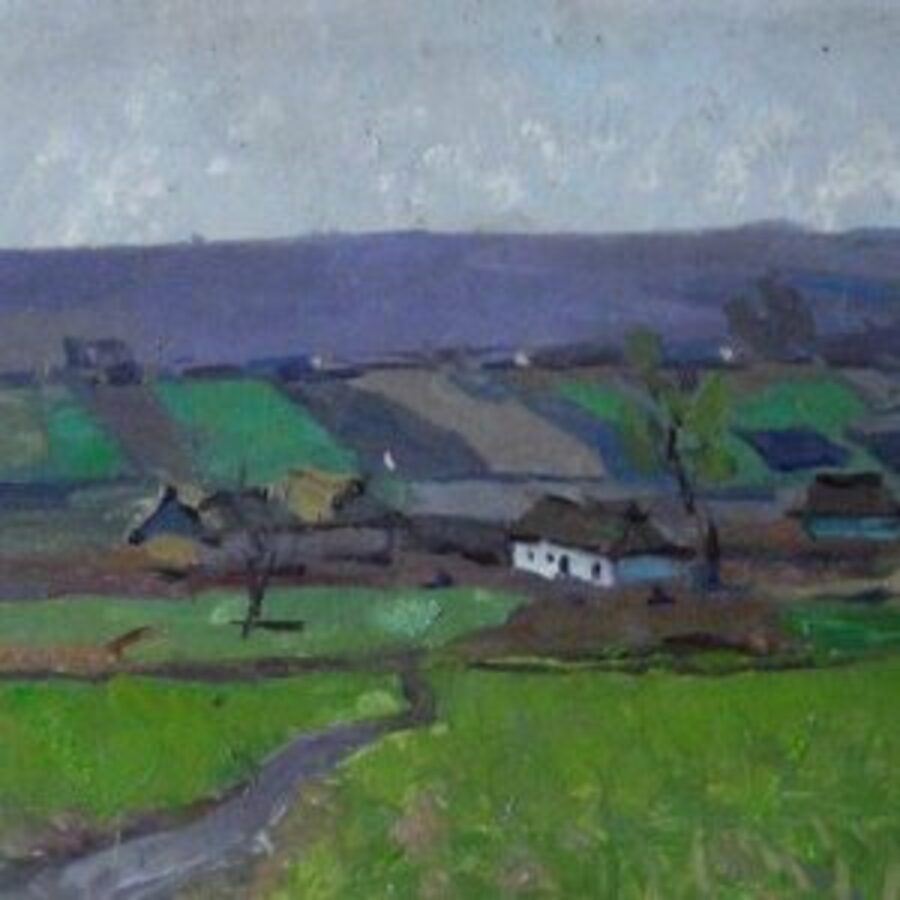 Vintage painting by Mykhailo Kryvenko: green fields, purple hills, rustic houses