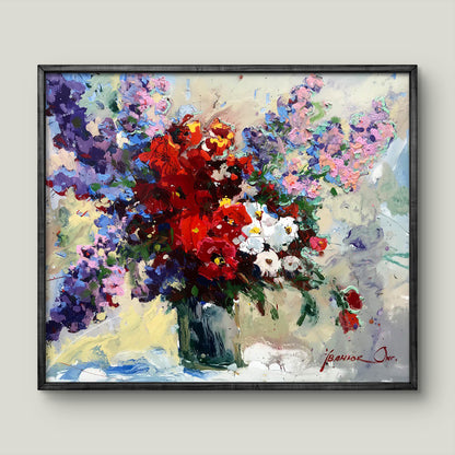 Vibrant impressionist oil painting Morning gift bouquet by Oksana Ivanyuk