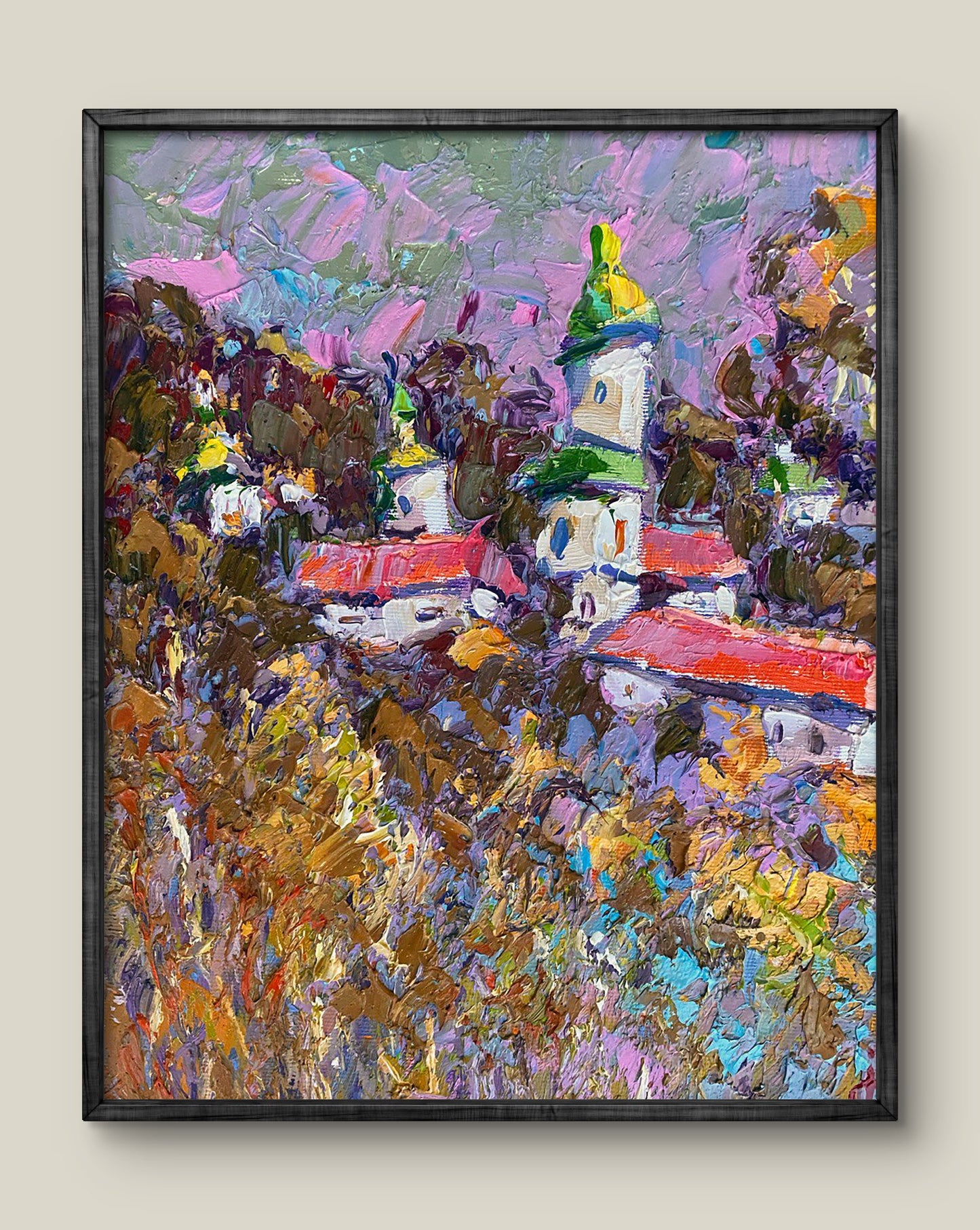 Oil painting Evening Call by Alex Ivanyuk: vibrant village with swirling sky