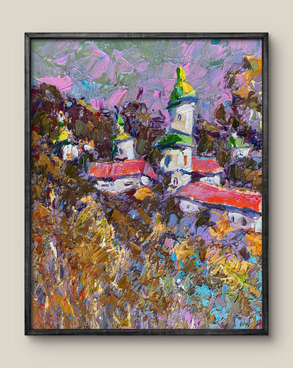 Oil painting Evening Call by Alex Ivanyuk: vibrant village with swirling sky