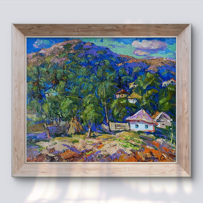 Oil painting A village in a valley by Oleksiy Ivanyuk in light wood frame
