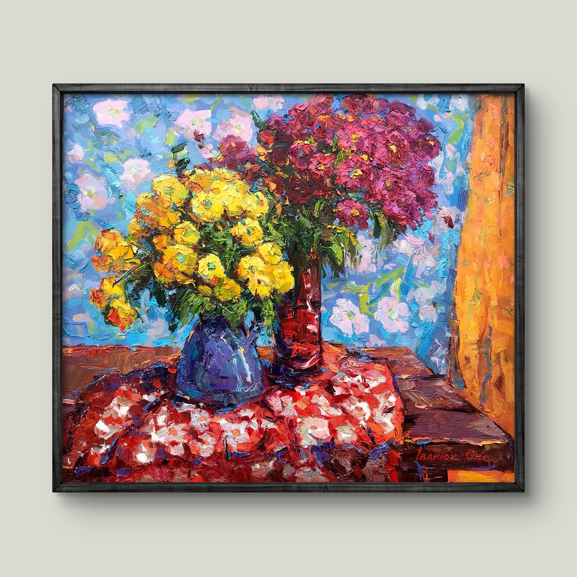 Vibrant impressionist oil painting of chrysanthemums by Ivanyuk Oksana