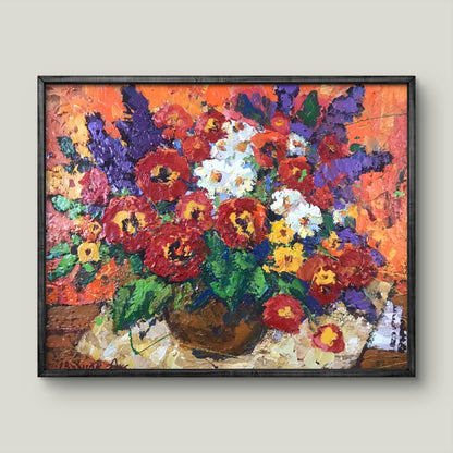 Vibrant impressionist oil painting of red poppies bouquet by Oksana Ivanyuk in brown vase