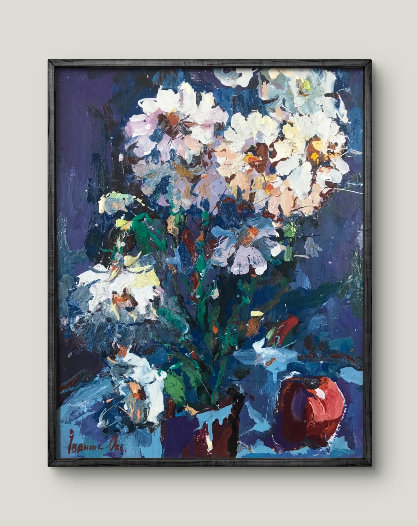Oil painting White Flowers in a Vase by Oksana Ivanyuk, vibrant abstract in dark frame