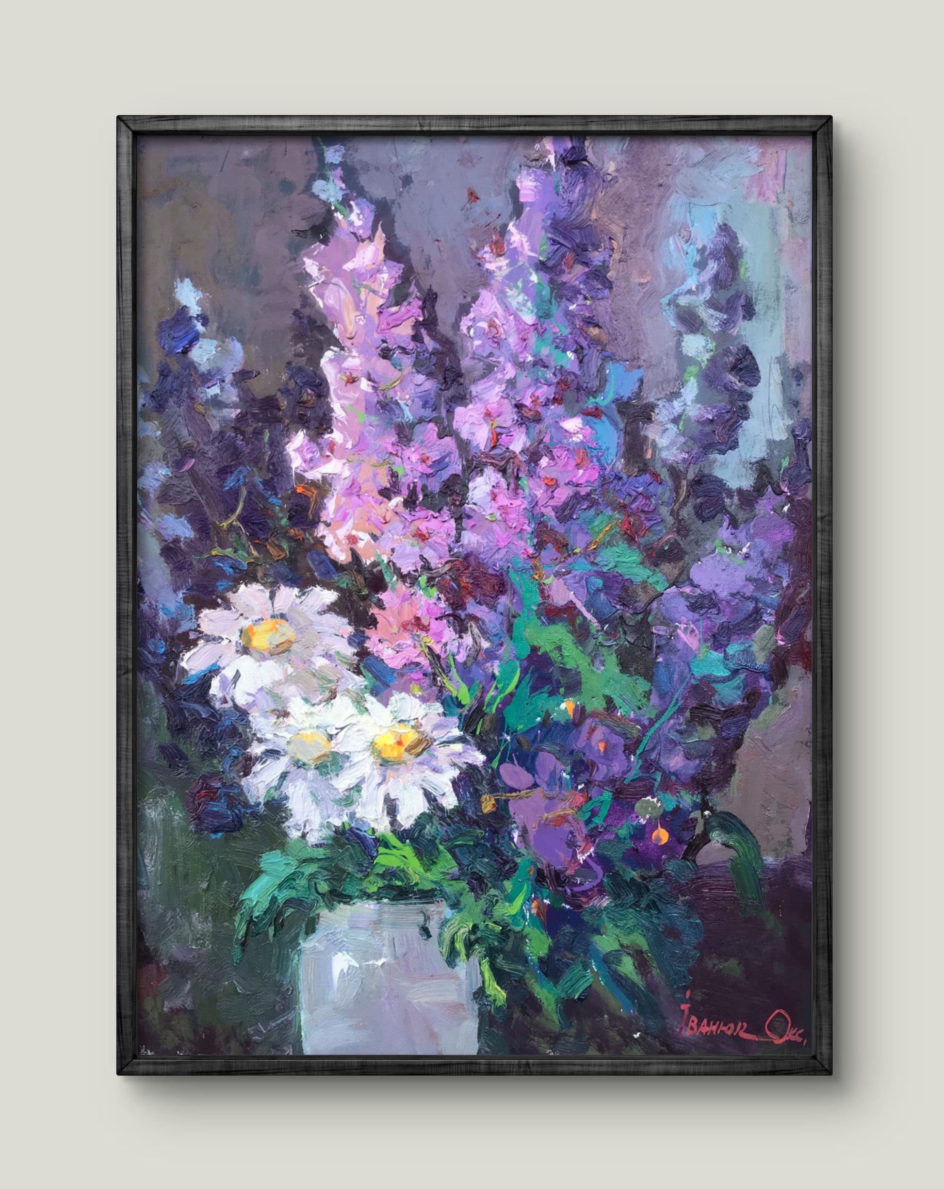 Vibrant impressionist oil painting Morning flowers by Ivanyuk Oksana in dark frame
