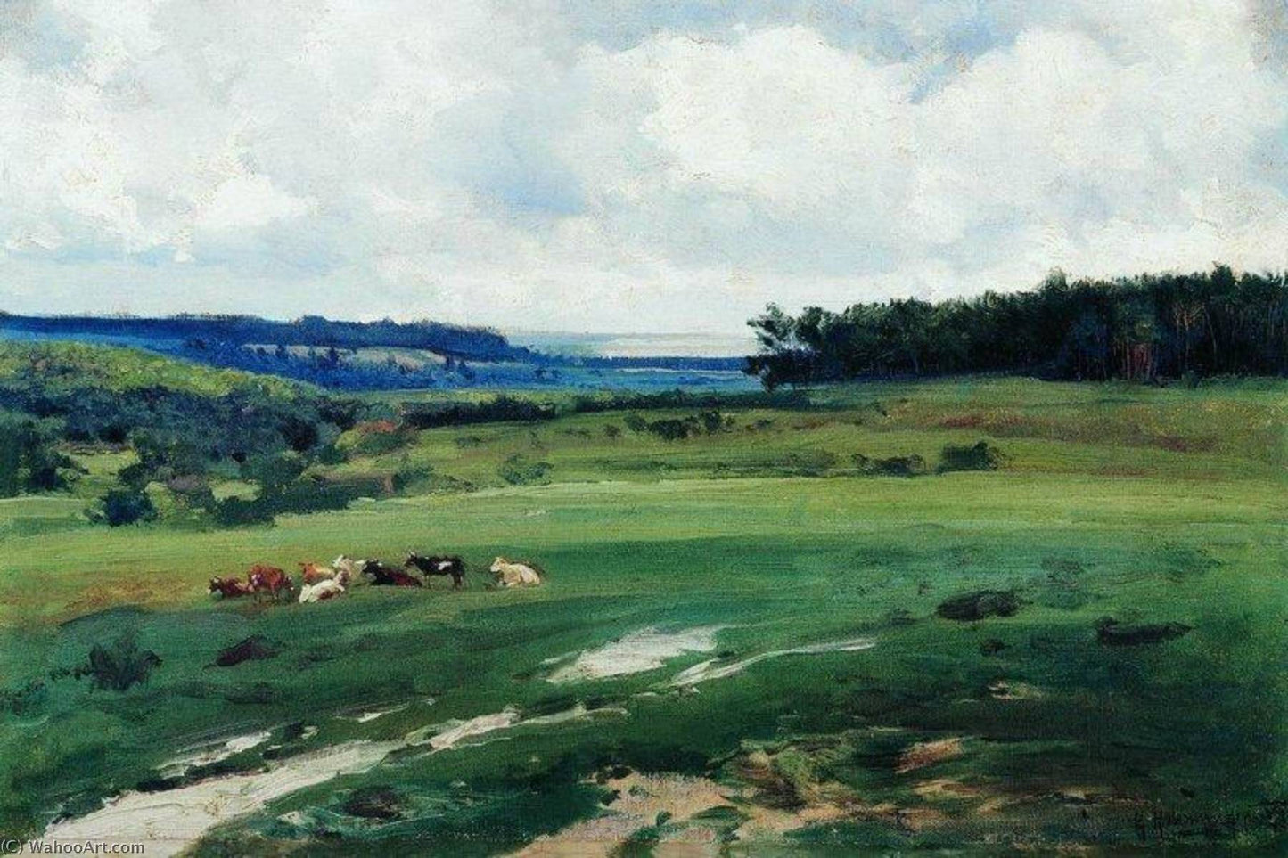 Kostiantyn Kryzhytskyi realist oil painting of cows grazing in green fields