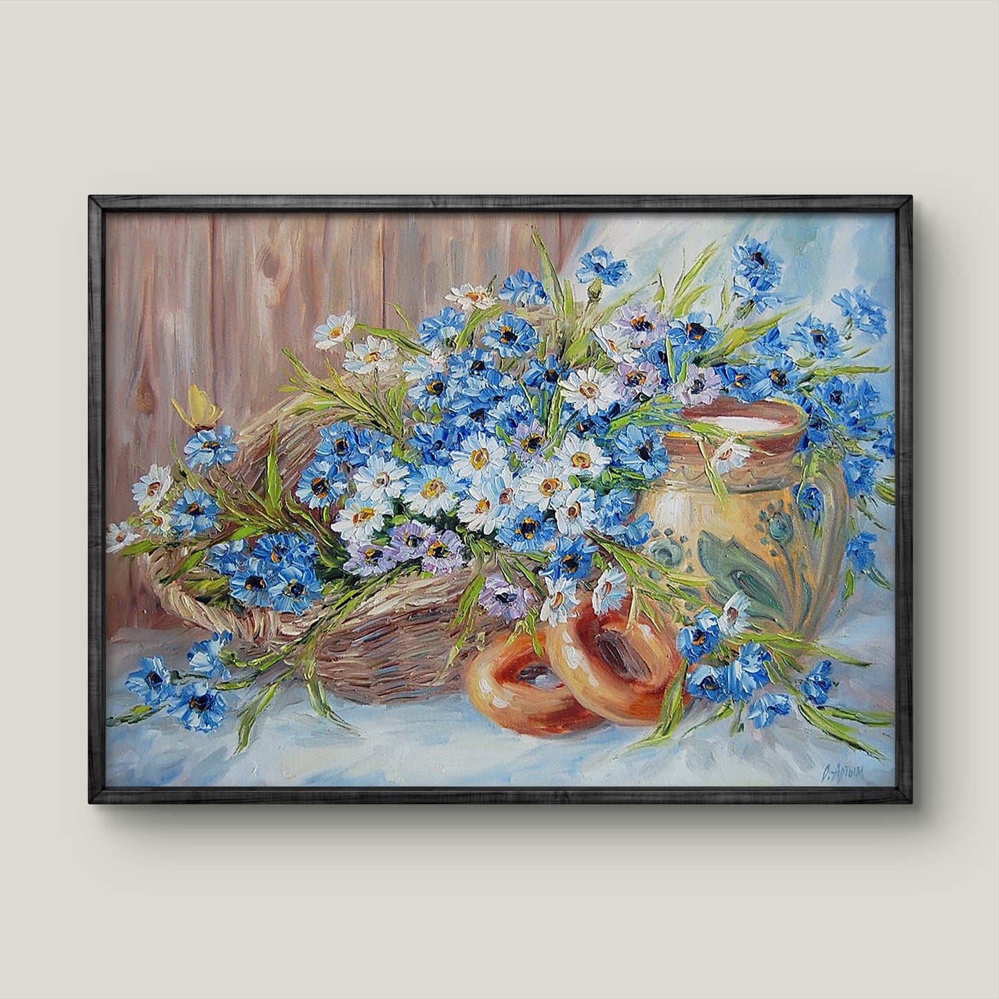 Oil painting In the Morning at Grandmas by Artim Olga: vibrant blue and white flowers in basket
