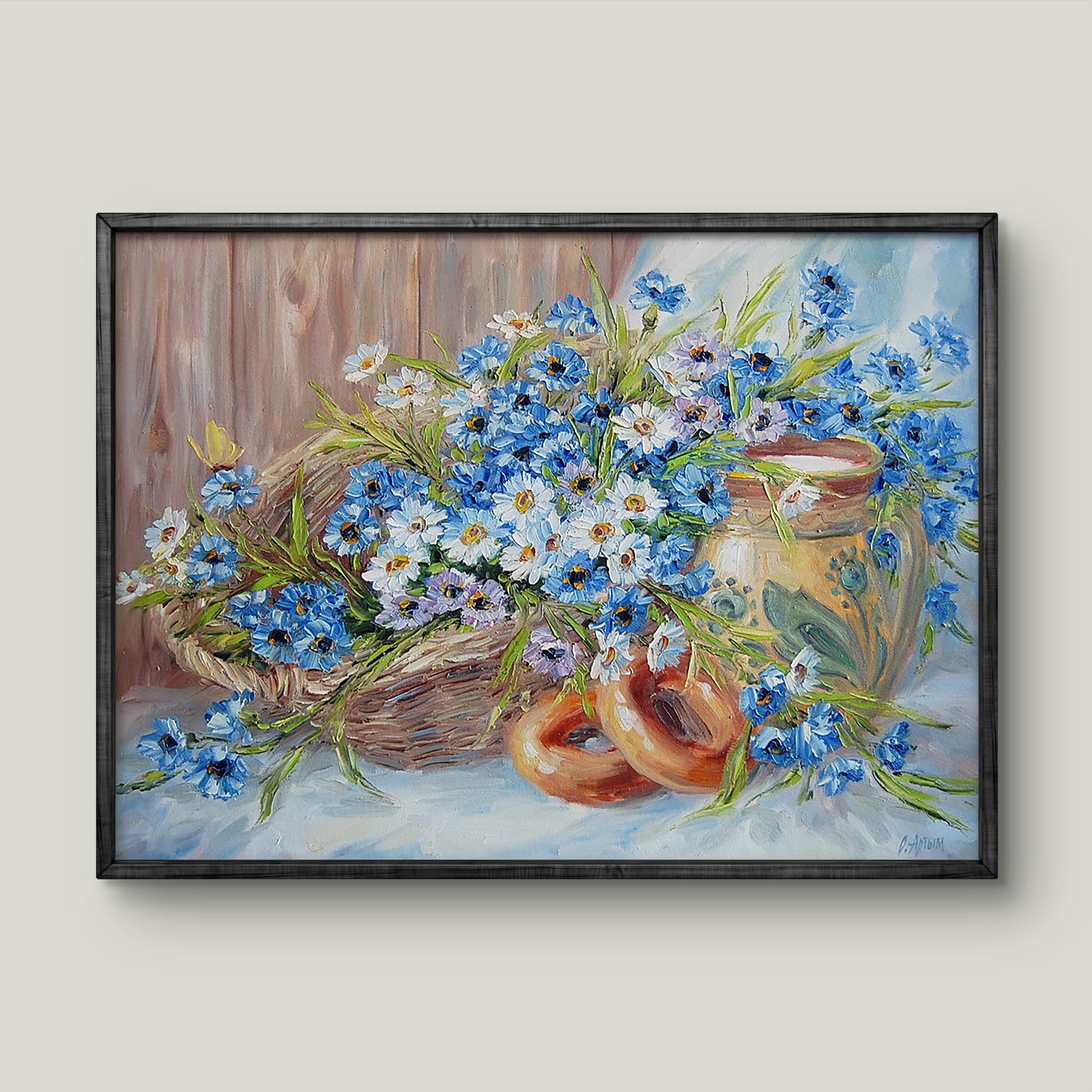Oil painting In the Morning at Grandmas by Artim Olga: vibrant blue and white flowers in basket