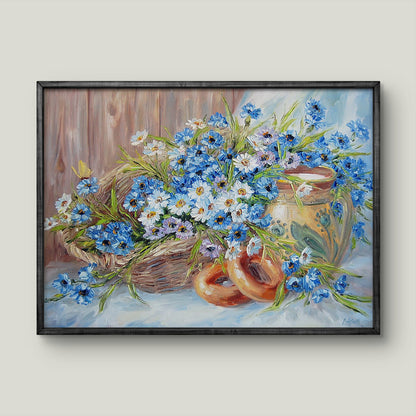 Oil painting In the Morning at Grandmas by Artim Olga: vibrant blue and white flowers in basket