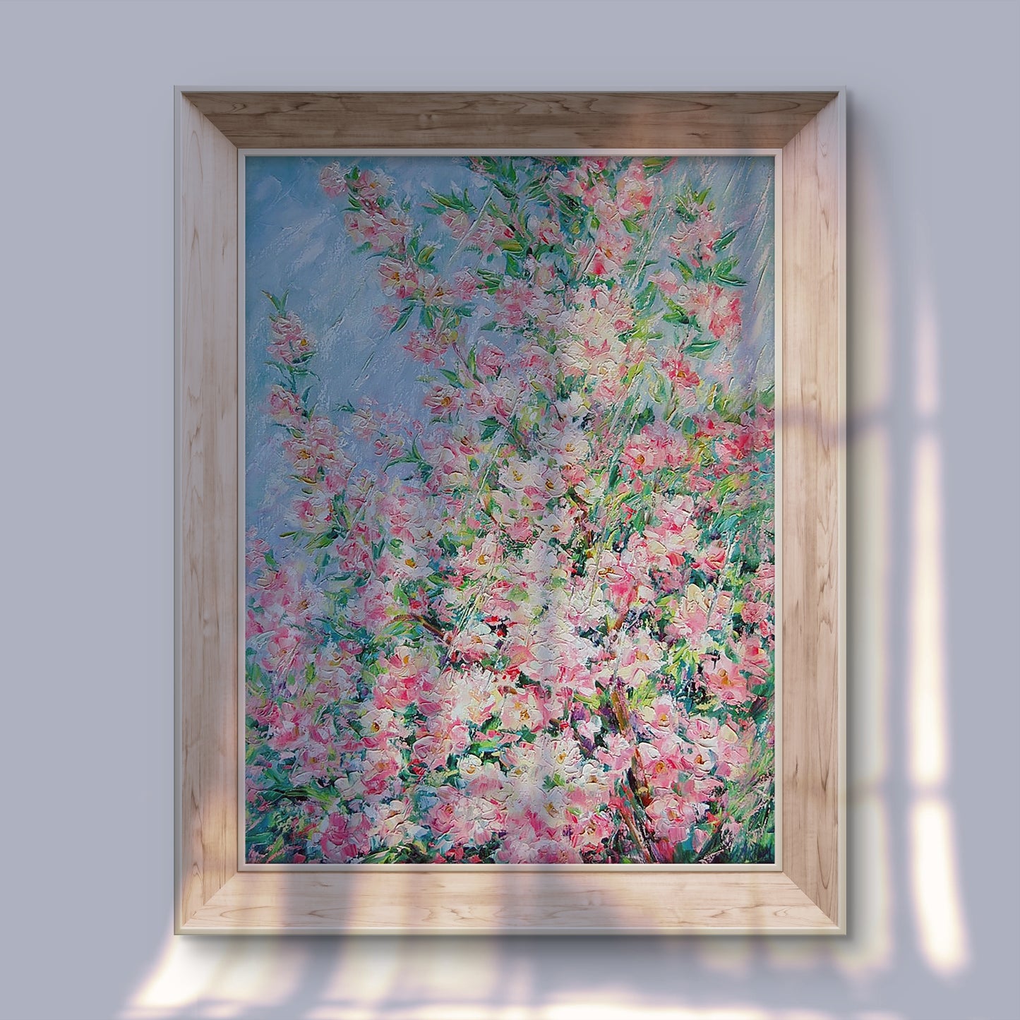 Oil painting May Rain by Artim Olga: blossoming tree in light wood frame