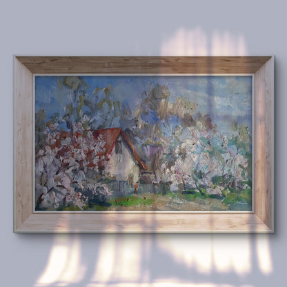 Oil painting Spring came by Kovalenko Ivan Mikhailovich quaint house in blossoms